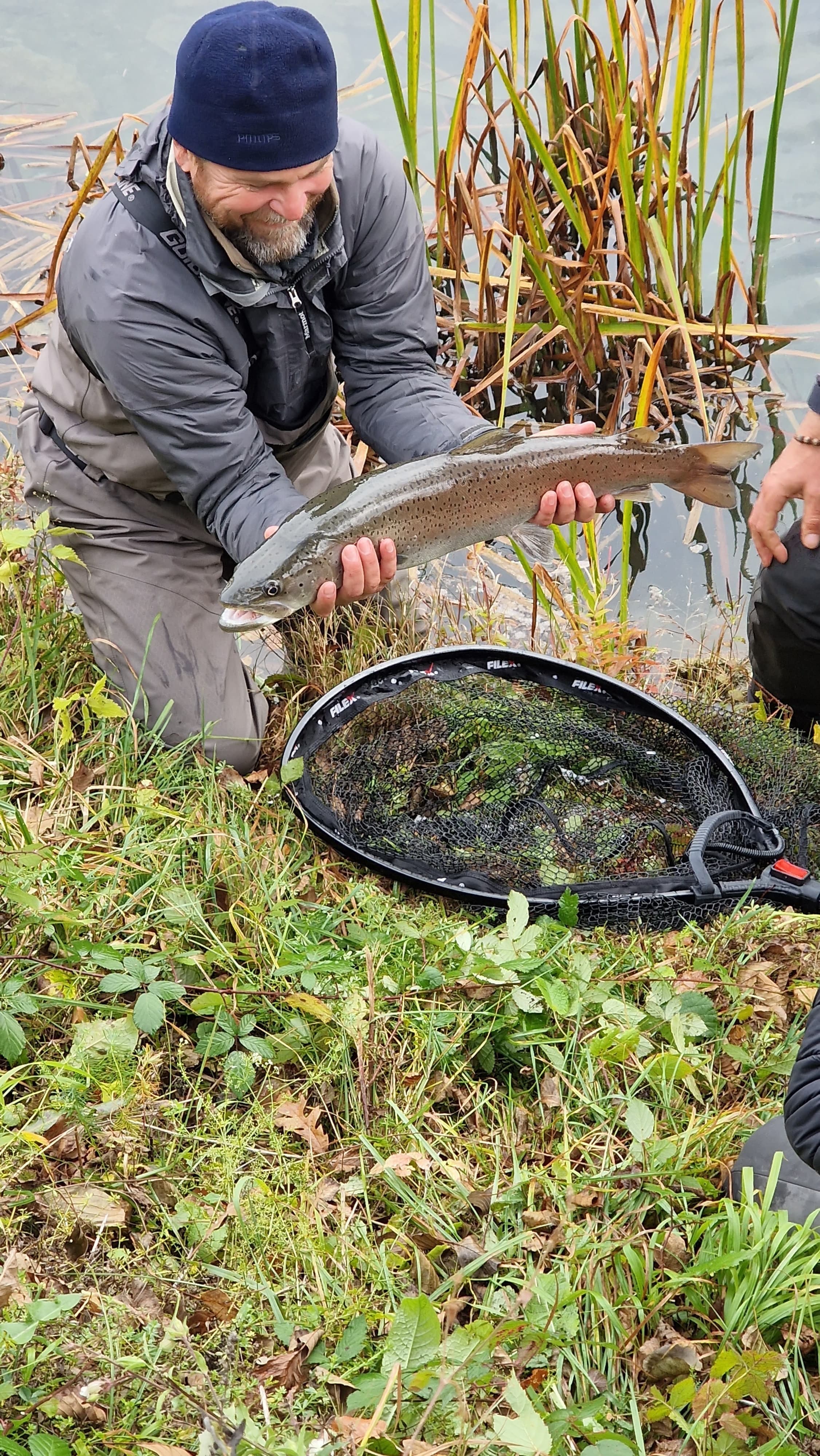 Angler releasing a trout back into the river on the net