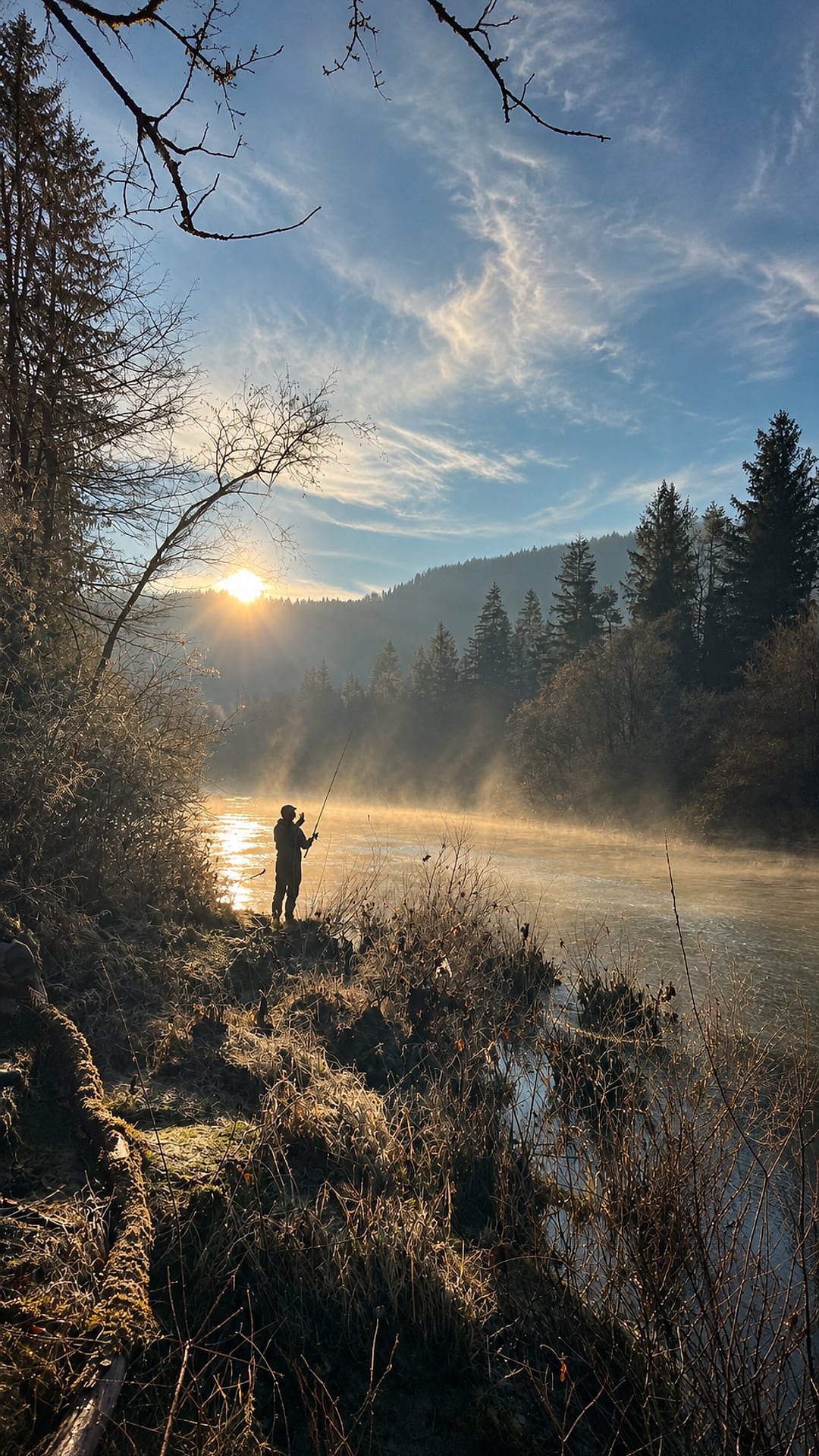 Ein Angler wirft im ersten Licht auf Huchen, während Dampf von einem Balkanfluss aufsteigt